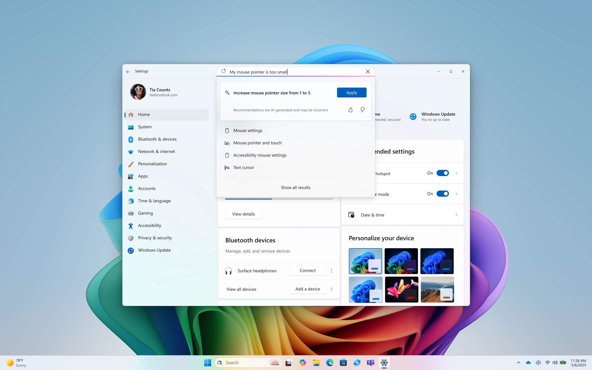 Users can now use natural language to find and modify Windows settings.